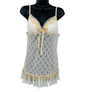 Linea Donatella Bridal White Lace Ruffle Hem‎ Mini Lingerie Slip Dress Womens M